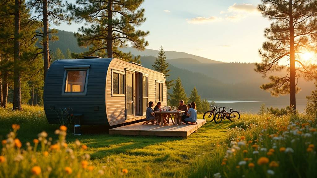 Famille profitant de vacances dans un mobil-home au bord d'un lac ensoleillé