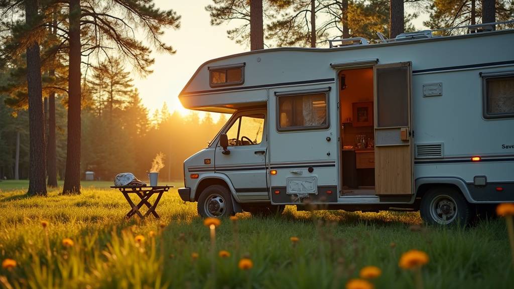 Intérieur d'un camping-car d'occasion bien aménagé avec cuisine et salon
