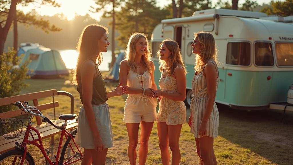 Scène de groupe des actrices de Camping Paradis dans une ambiance festive