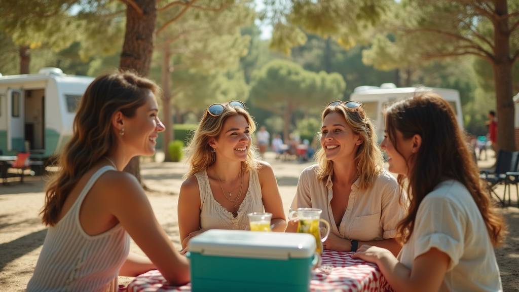 Groupe d'actrices de la série Camping Paradis souriant ensemble sur le plateau