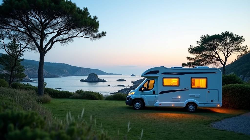 Aire de camping-cars Les Îlots vue aérienne montrant les emplacements verts et les bâtiments