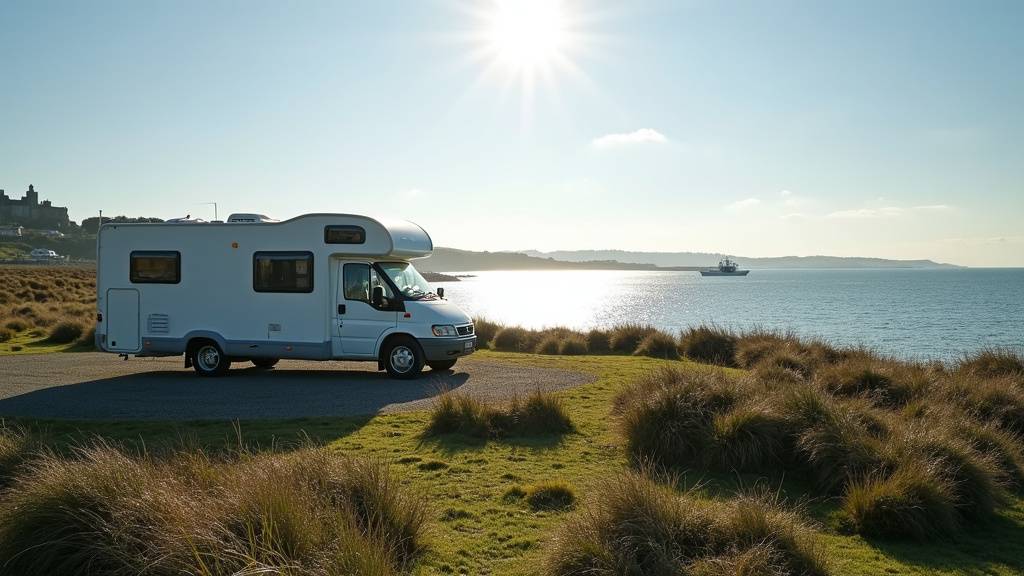 Camping-car équipé stationné sur un emplacement de l'aire des Îlots