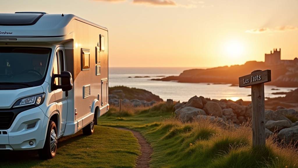 Aire de camping-cars Les Îlots à Saint-Malo avec véhicules stationnés face à la mer