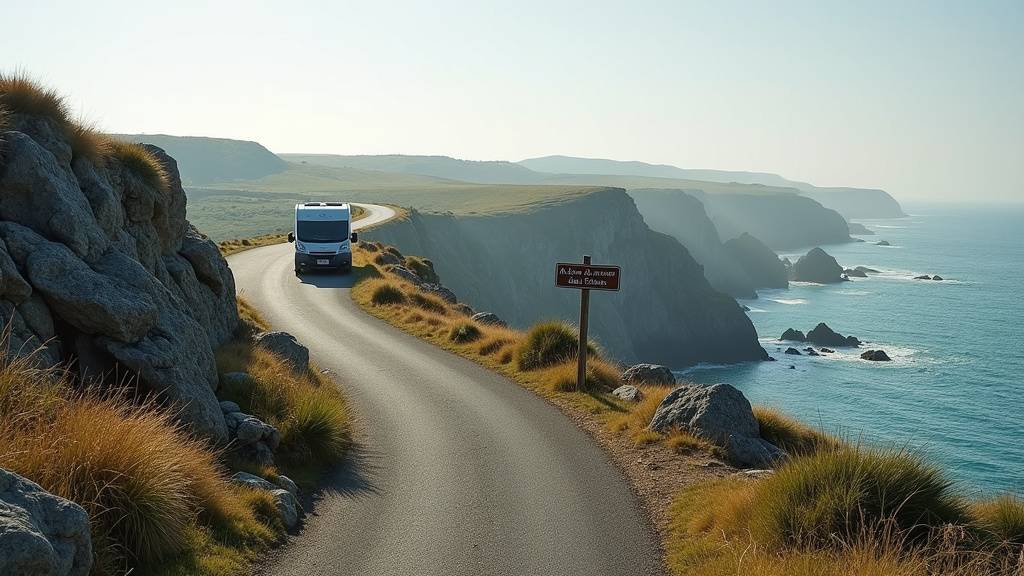 Camping-car stationné près de la mer à Locmariaquer avec vue sur les îles du Golfe