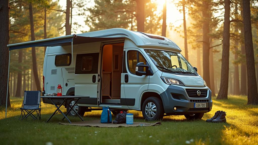 Équipements de camping-car étalés sur une aire de stationnement avec van aménagé en arrière-plan