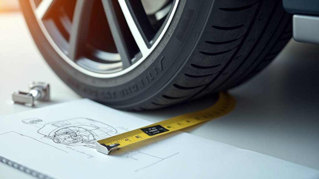 Pneus de différentes tailles sur une jante, avec des mesures et des outils de calcul