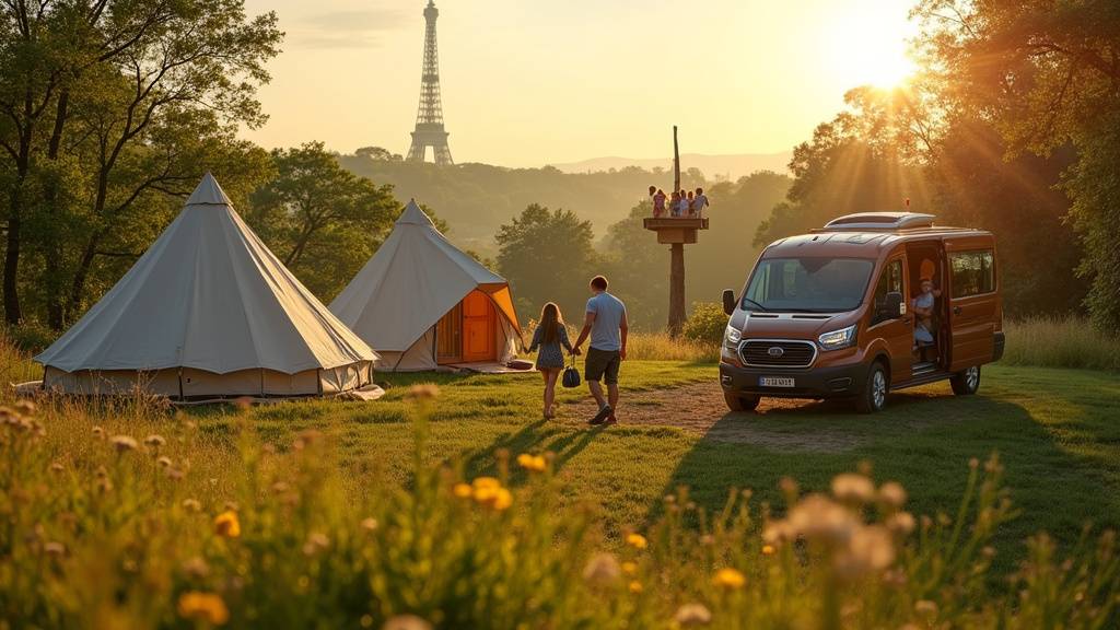 Vue aérienne du camping Le Grand Paris avec ses emplacements verdoyants et l'étang central