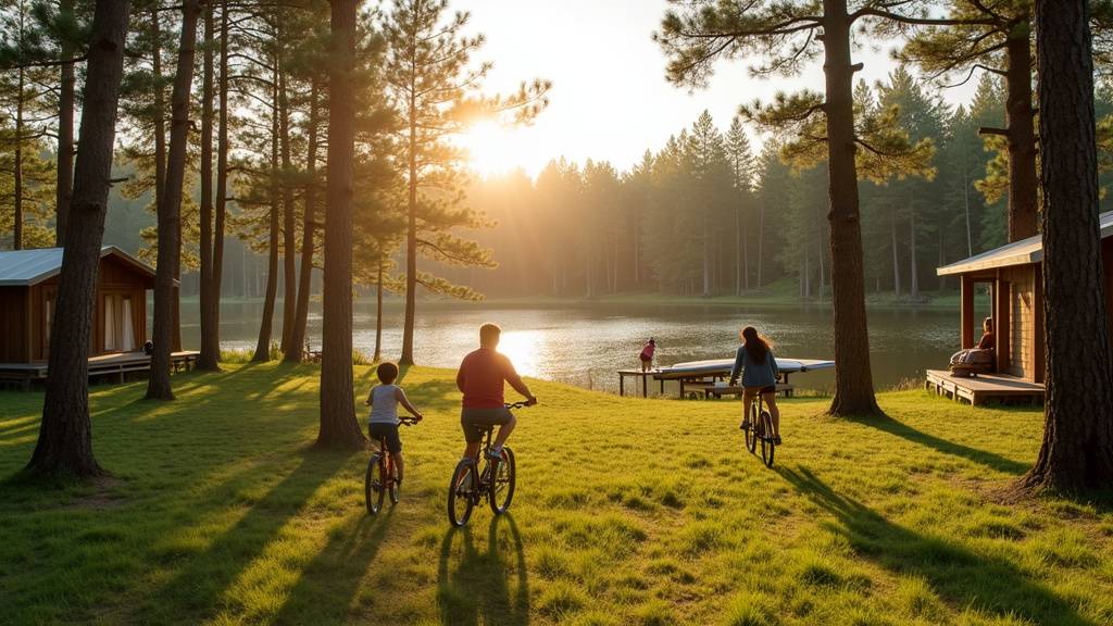 Vue aérienne du camping Mayotte Vacances à Biscarrosse avec le lac en arrière-plan