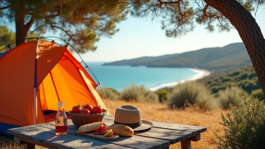Camping en bord de mer dans le sud de la France avec tente et mobil-home sous les pins