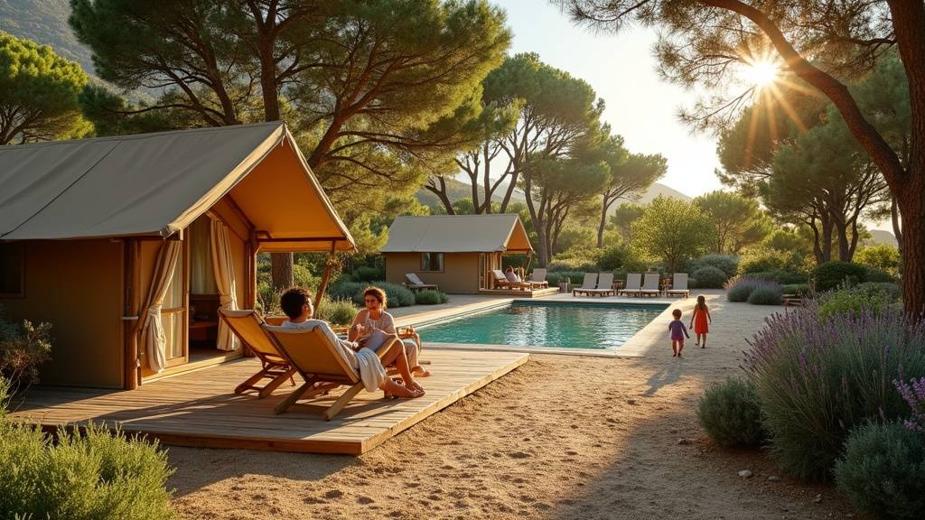 Vue aérienne du Camping La Tamarissière à Agde avec lagon et pinède