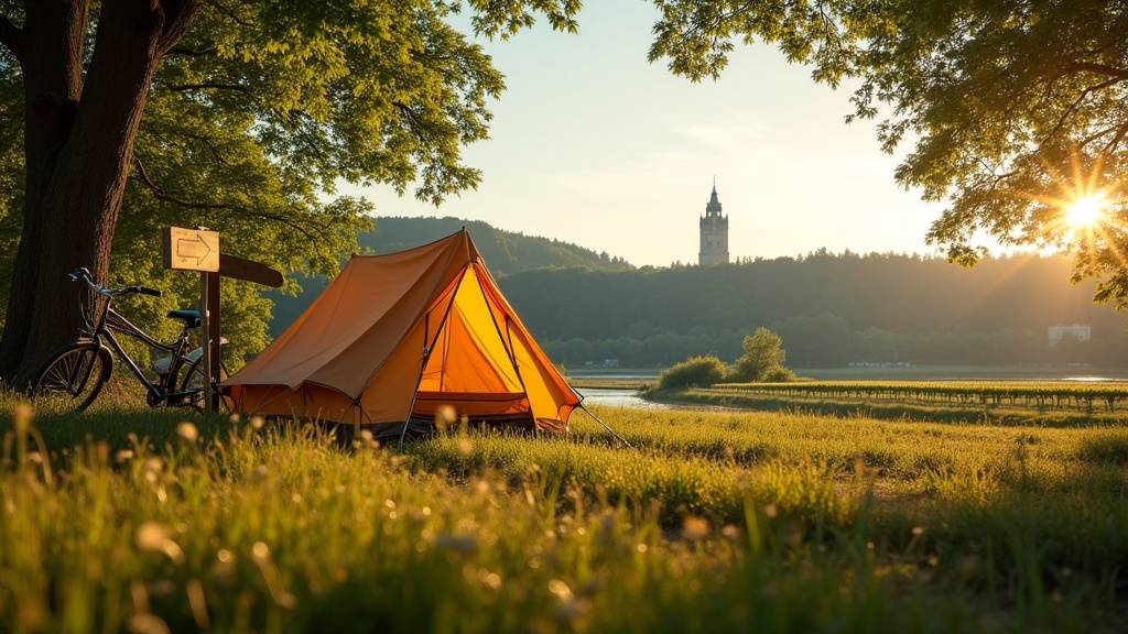 Famille en camping sur l'aire de camping avec vue sur la Loire