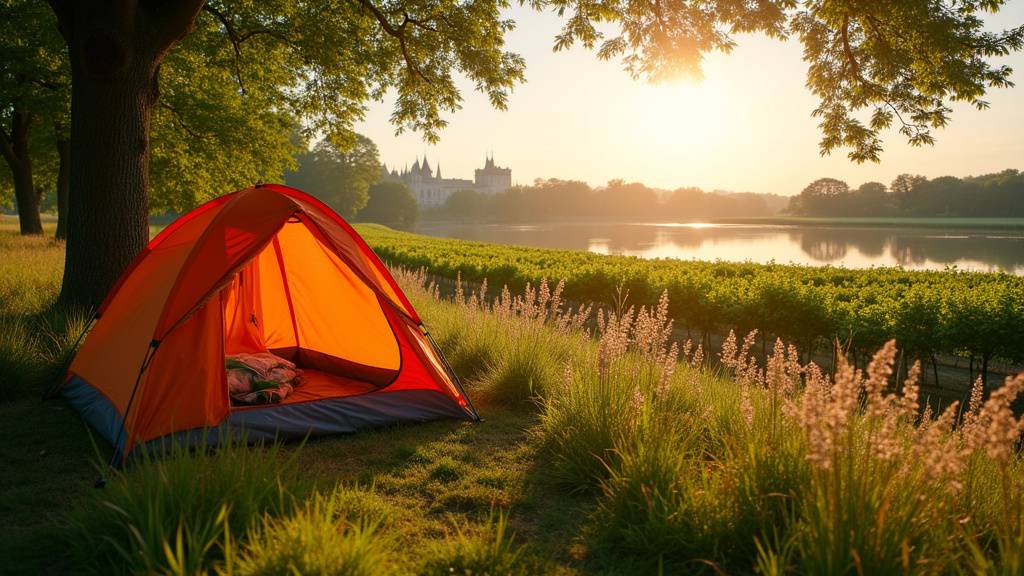 Camping en bord de Loire avec tente et paysage de vignobles au coucher du soleil