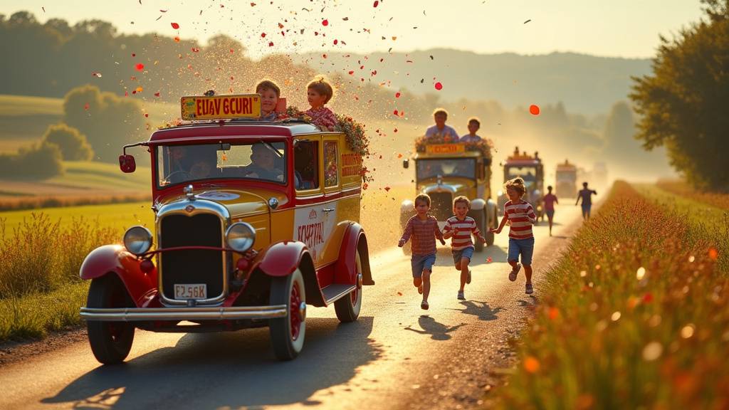 Famille assistant à la caravane du Tour de France en respectant les consignes de sécurité