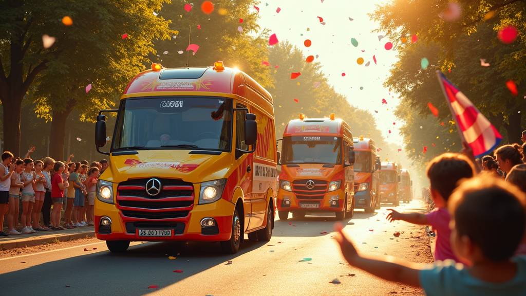 Caravane publicitaire du Tour de France en pleine action sur une route de campagne