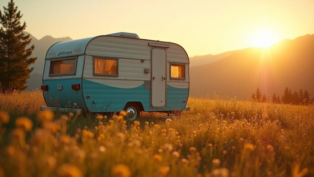 Intérieur d'une caravane d'occasion bien aménagée avec lit central et cuisine équipée