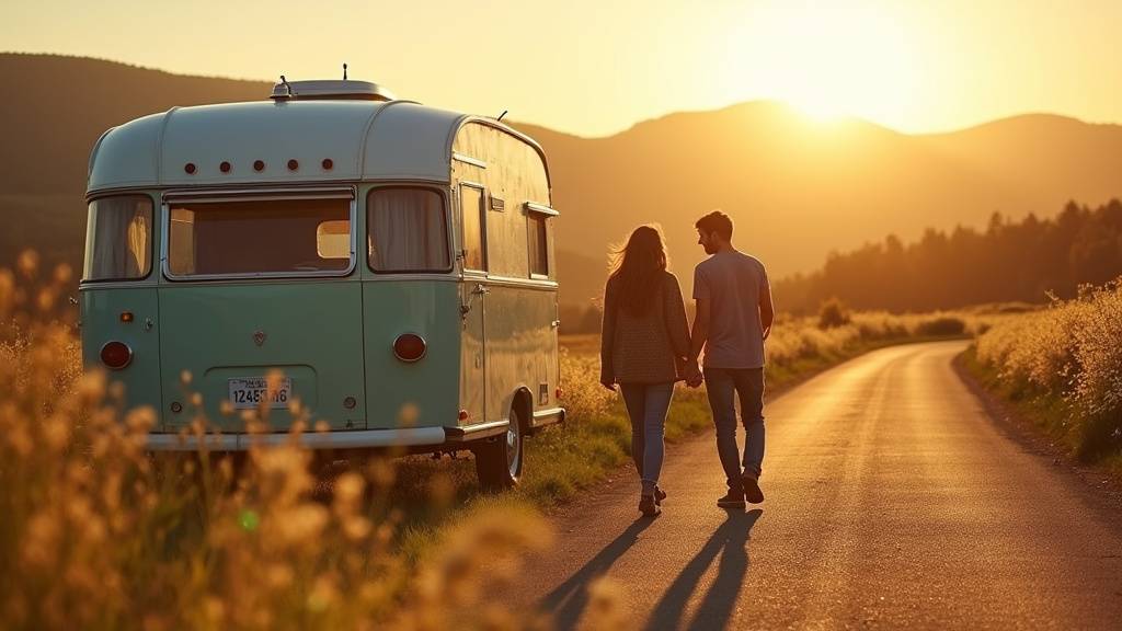 Caravane d'occasion sur un camping en bord de mer avec vue sur les montagnes alentour