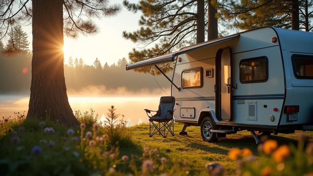 Caravane moderne sur un camping avec vue sur les montagnes en 2026