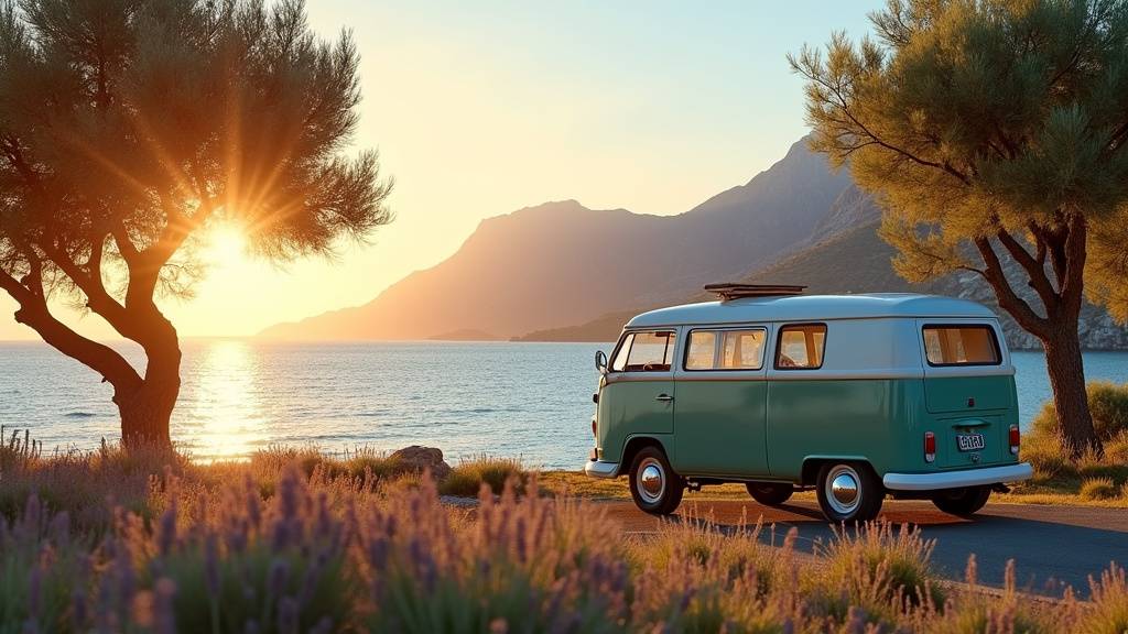 Vue sur la Méditerranée depuis la Corniche avec le camping-car garé en belvédère