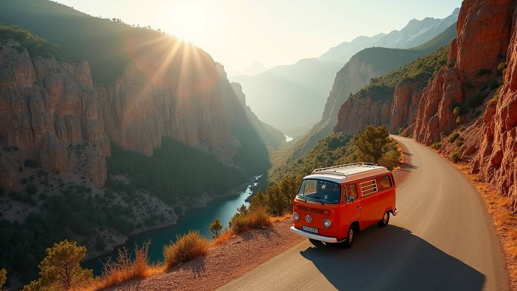 Camping-car sur la route surplombant les gorges rouges du Daluis dans les Alpes-Maritimes