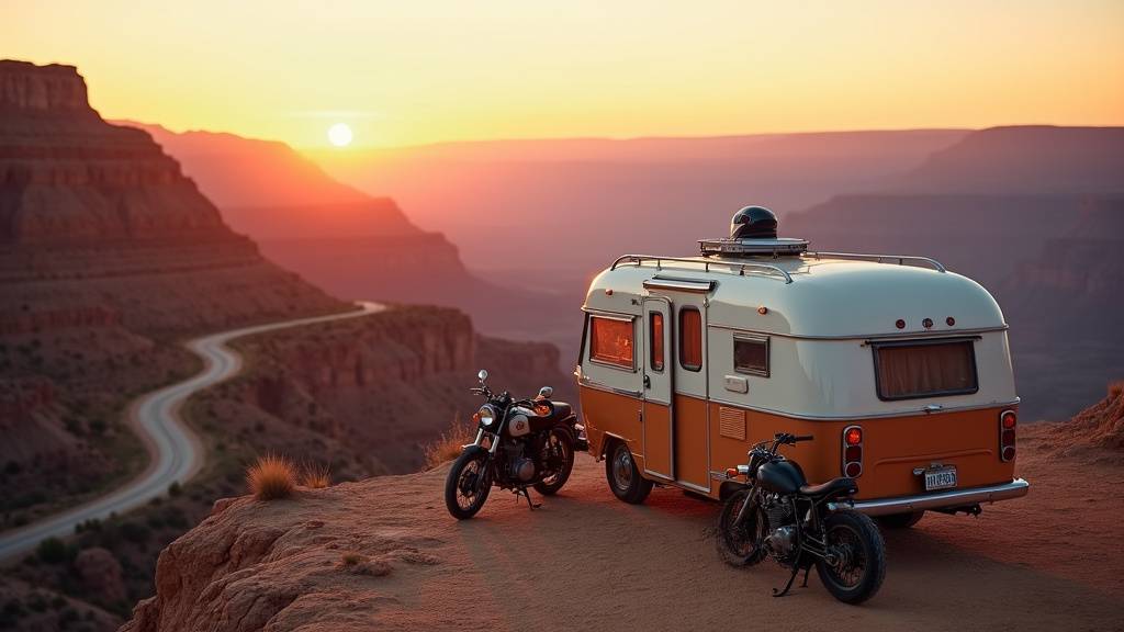 Route de montagne avec camping-car et moto en plein voyage