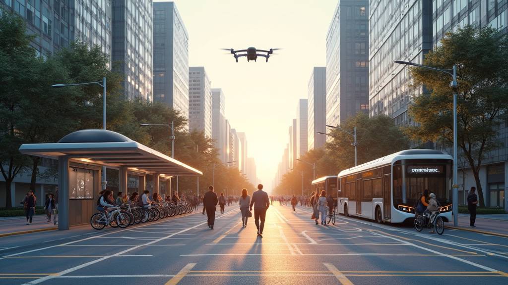 Vue aérienne d'une ville moderne avec des véhicules autonomes et des infrastructures intelligentes en 2026