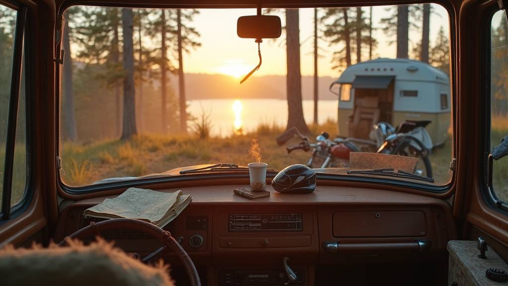 Camping-car garé au coucher de soleil sur une route de campagne, prêt pour le road trip