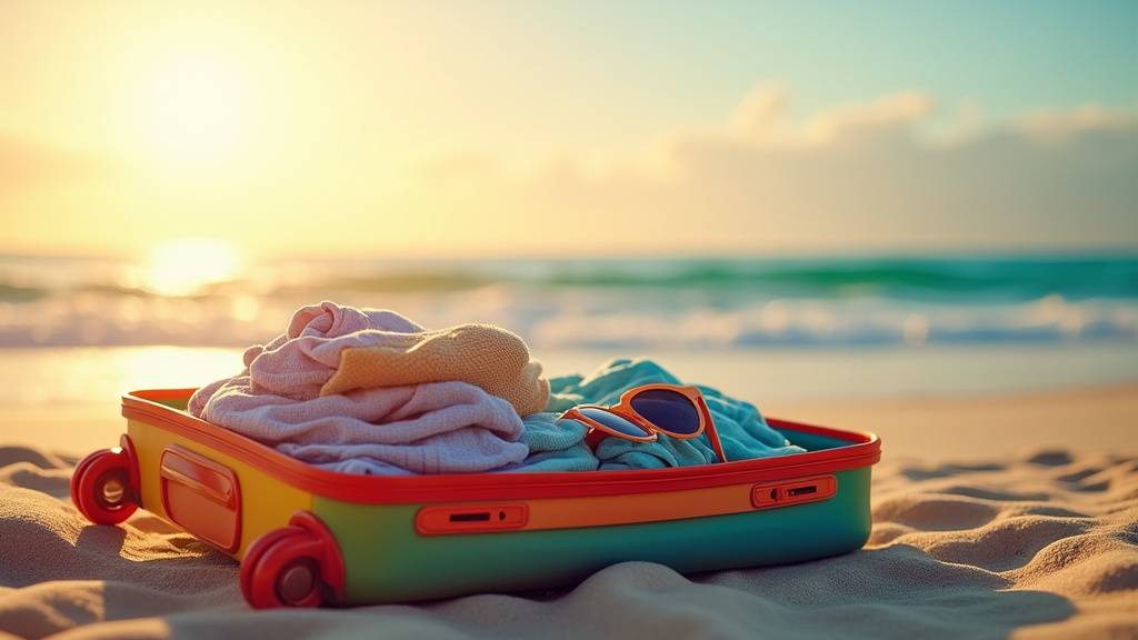 Famille heureuse sur une plage exotique avec valises Leclerc Voyages
