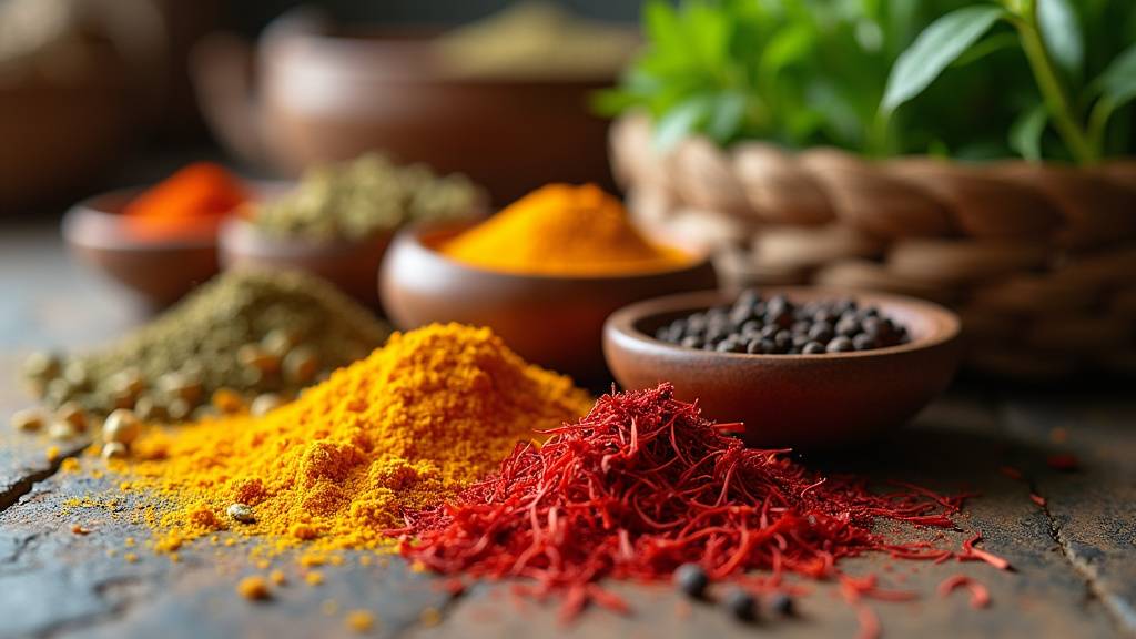 Épices colorées dans des bols en bois sur un plan de travail de cuisine avec des herbes aromatiques