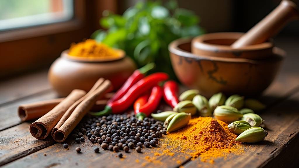 Main tenant des épices dans un bol en bois avec des herbes aromatiques à côté sur une table en bois