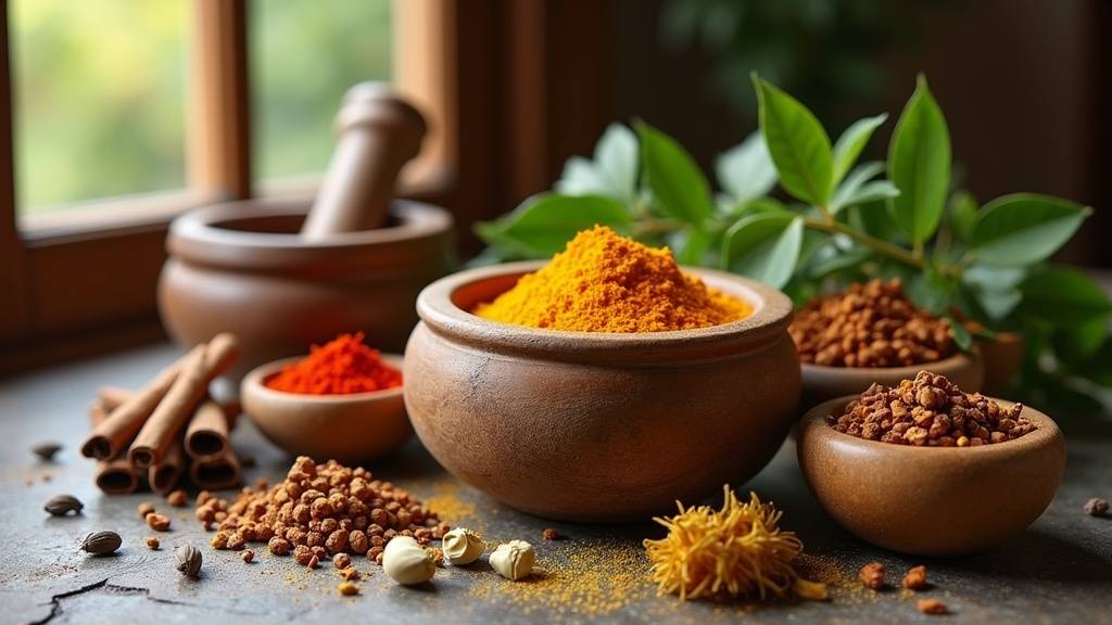 Assortiment coloré d'épices et herbes aromatiques dans des pots en verre sur une table de cuisine en bois