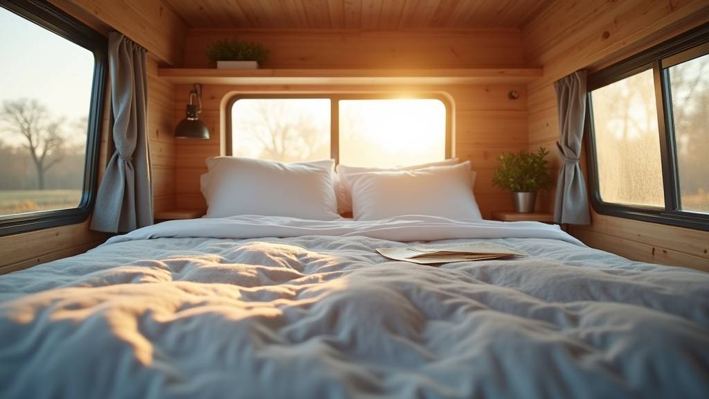 Intérieur d'un camping-car avec lit tout fait déplié, montrant l'organisation de l'espace de couchage