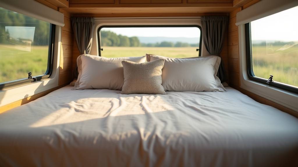 Camping-car avec lit tout fait confortable en position de couchage, vue intérieure