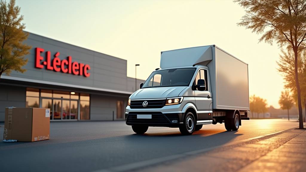 Intérieur d'un camion utilitaire E.Leclerc montrant l'espace de chargement avec hayon abaissé