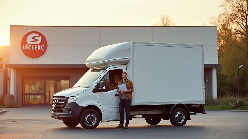 Vue du tableau de bord d'un camion utilitaire E.Leclerc avec système de navigation et connectivité