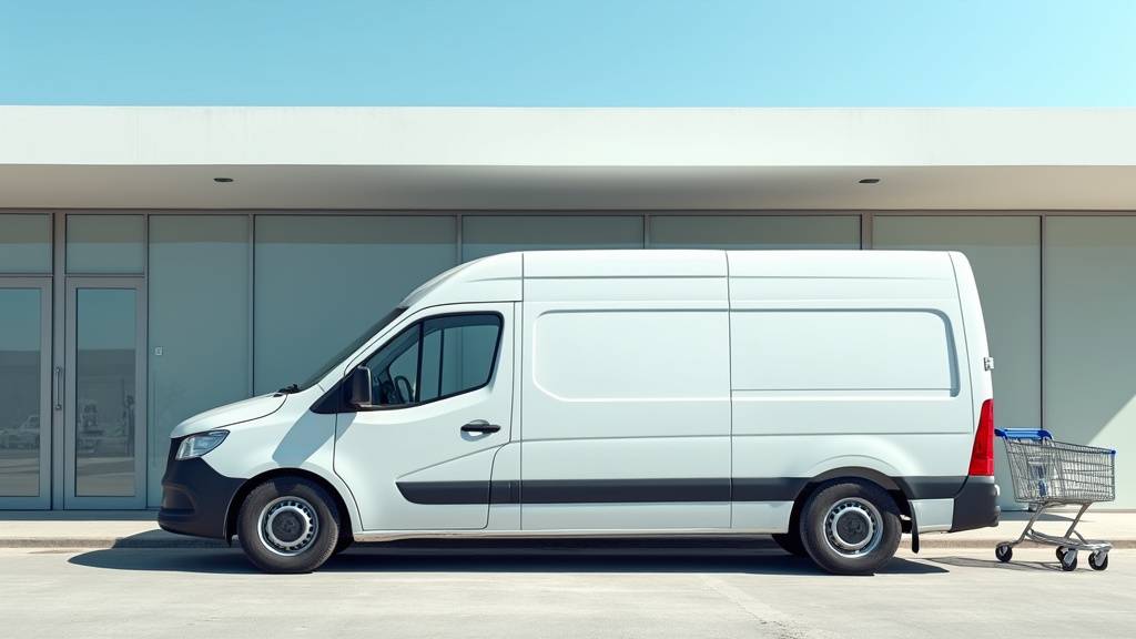 Camion utilitaire E.Leclerc garé devant un supermarché avec matériel de déménagement à l'arrière
