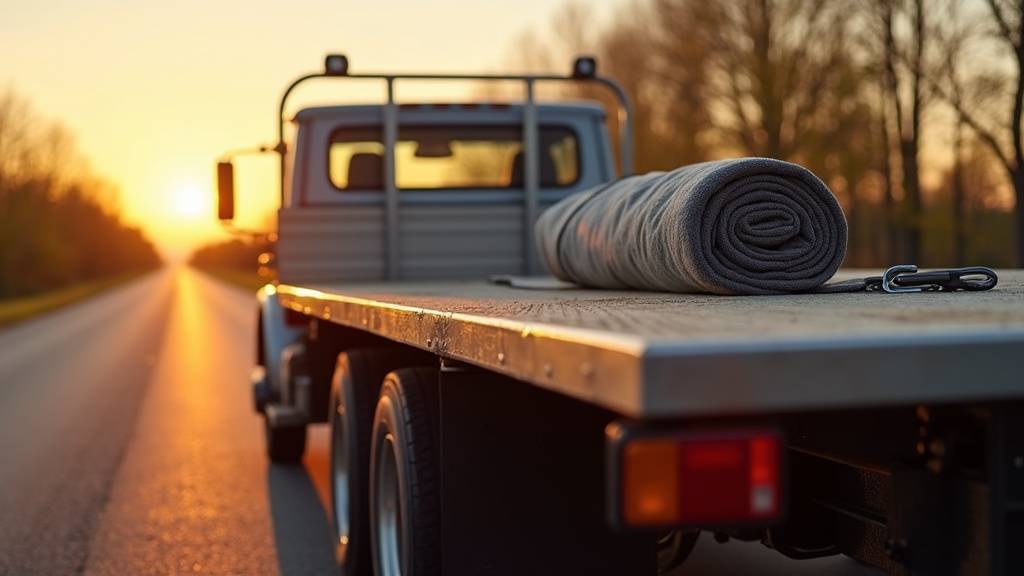 Technicien ajustant les sangles de fixation sur une voiture montée sur plateau de camion