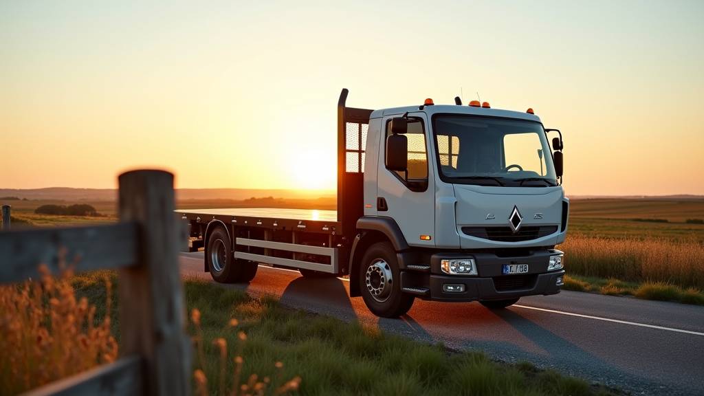 Camion plateau équipé de rampes et treuil électrique prêt pour le chargement d'un véhicule