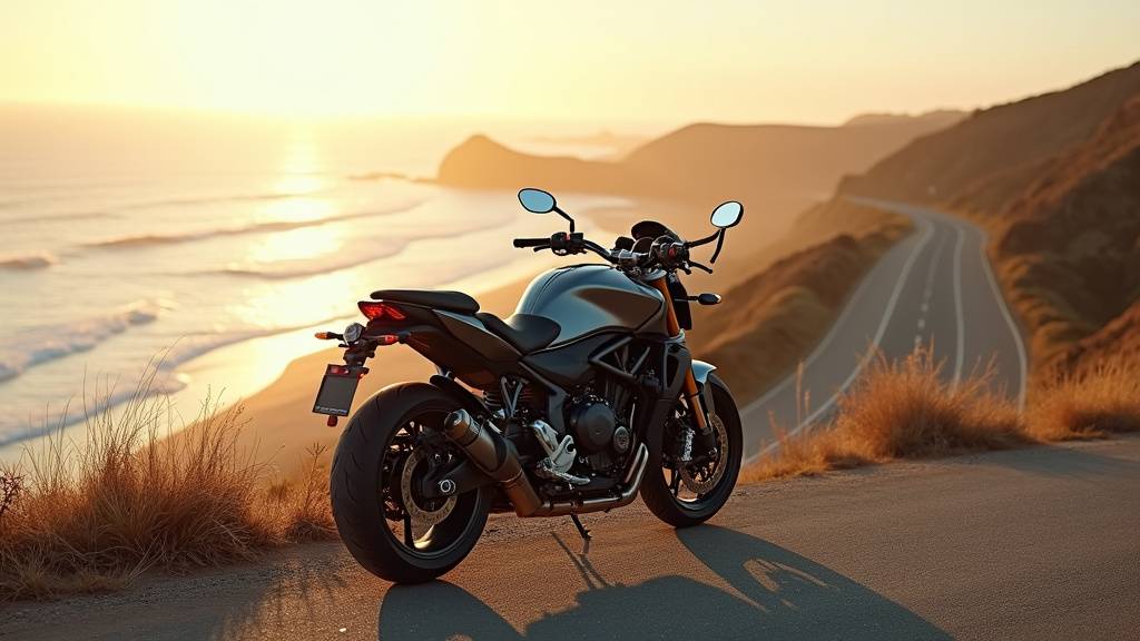 Motard sur une moto de location en bord de mer avec paysage méditerranéen