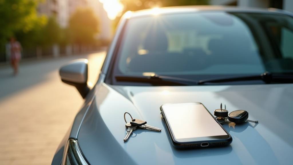 Voiture de location Turo garée dans une rue européenne avec l'application sur un smartphone à côté