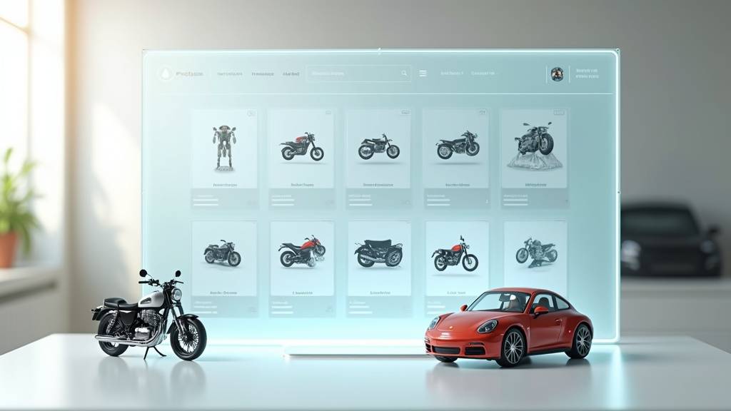Intérieur d'une boutique spécialisée en pièces moto vintage avec étagères remplies de casques et accessoires