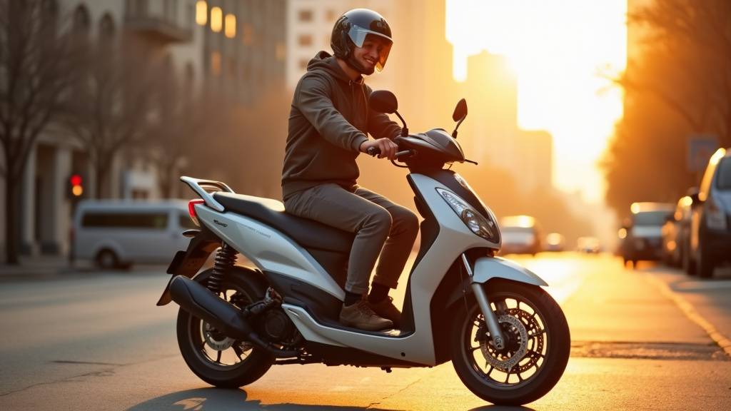Moto automatique moderne en stationnement sur une route de montagne avec paysage alpin en arrière-plan