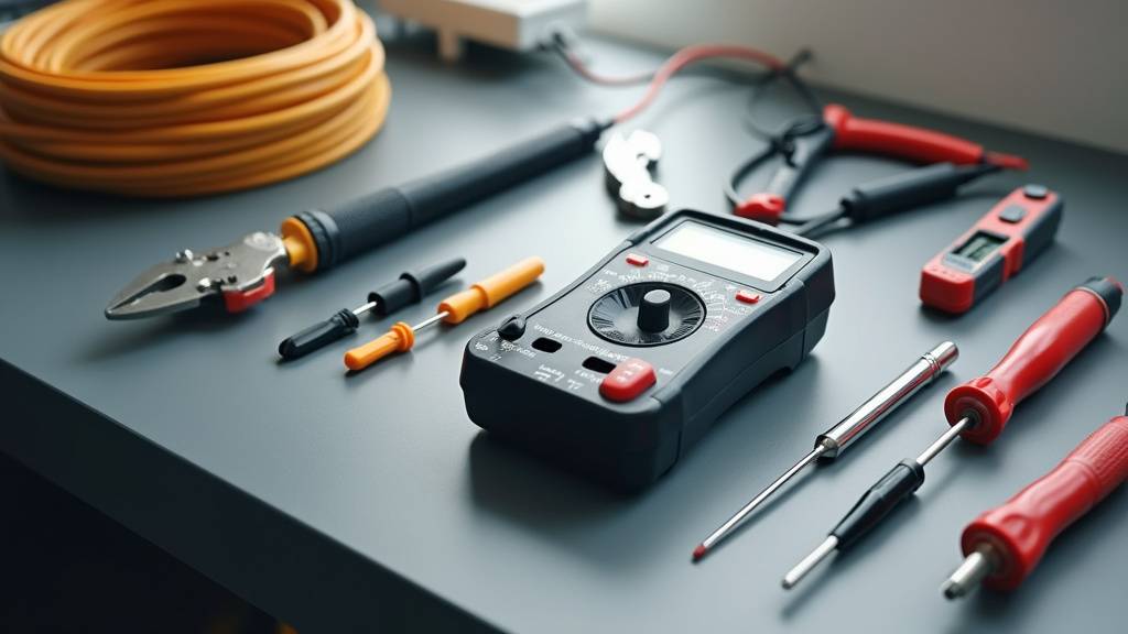 Atelier électrique bien équipé avec outils de mesure et composants électroniques