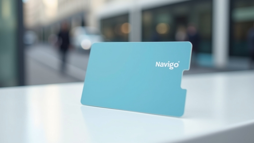 Passe Navigo Easy dans la main d'un voyageur à Paris, avec les transports en arrière-plan