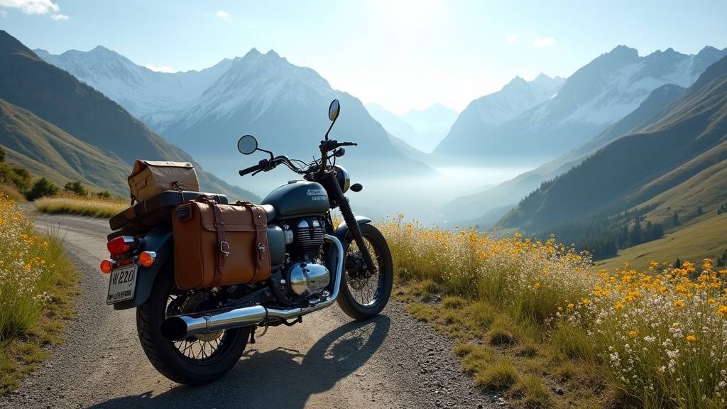 Motard en tenue de cuir sur un col alpin avec paysage montagnard en arrière-plan