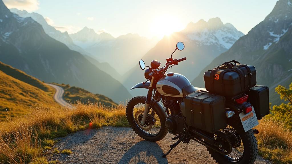 Motard en tenue de protection sur un col de montagne avec paysage enneigé en arrière-plan