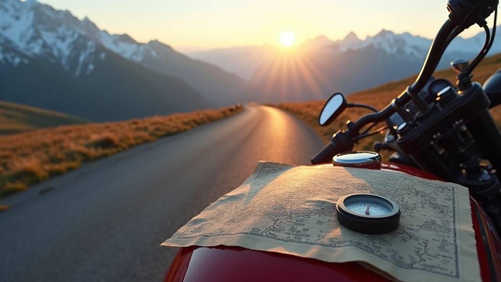 Motard sur la Route des Grandes Alpes au lever du soleil, casque relevé et paysage montagnard en arrière-plan