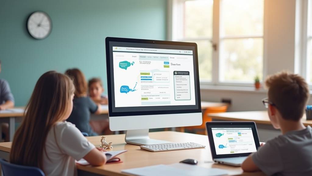 Enseignante utilisant une tablette pour gérer un rallye lecture numérique en classe