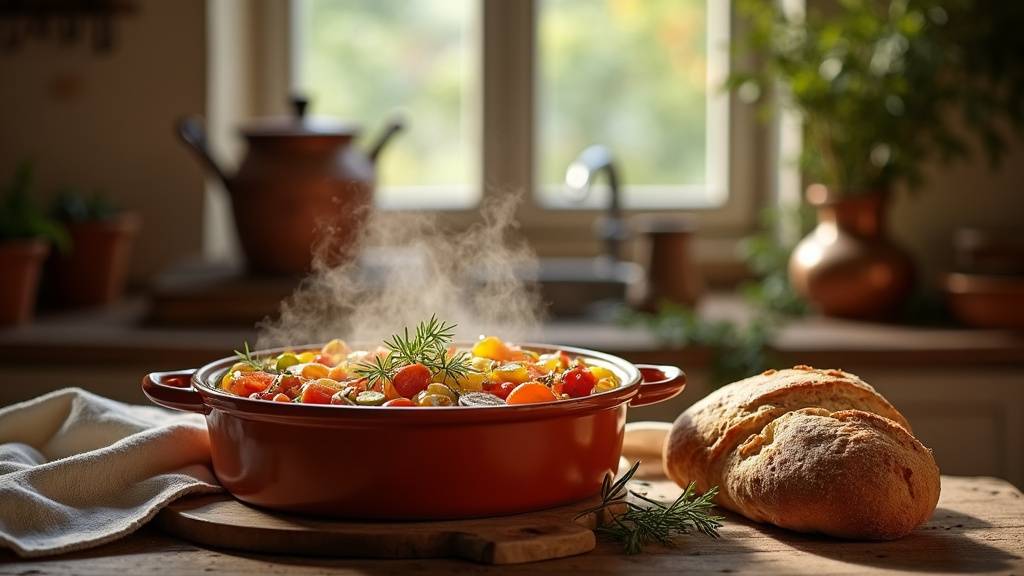 Table rustique avec des plats méditerranéens colorés et des herbes fraîches