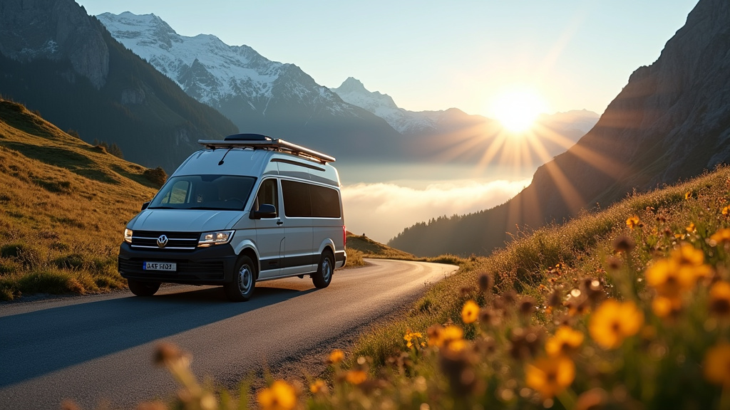 Camping-car garé face aux sommets enneigés de la Route des Grandes Alpes au col du Galibier