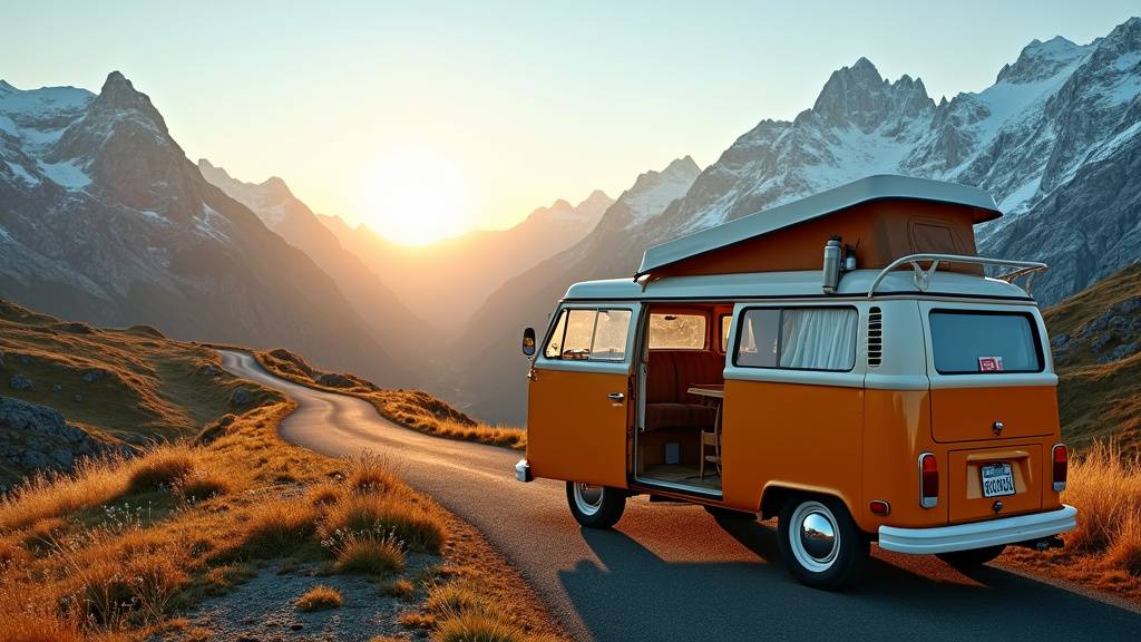 Coucher de soleil depuis un col de la Route des Grandes Alpes avec camping-car en silhouette